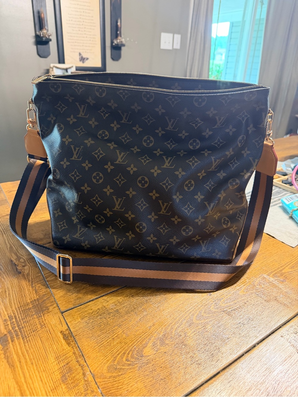 Louis Vuitton Monogram Canvas Brown and Tan Messenger Bag with Striped Strap